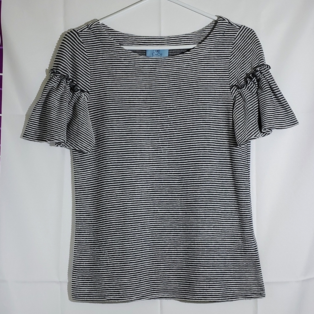 CeCe Black and White Striped Bell Sleeve TShirt - Size Small